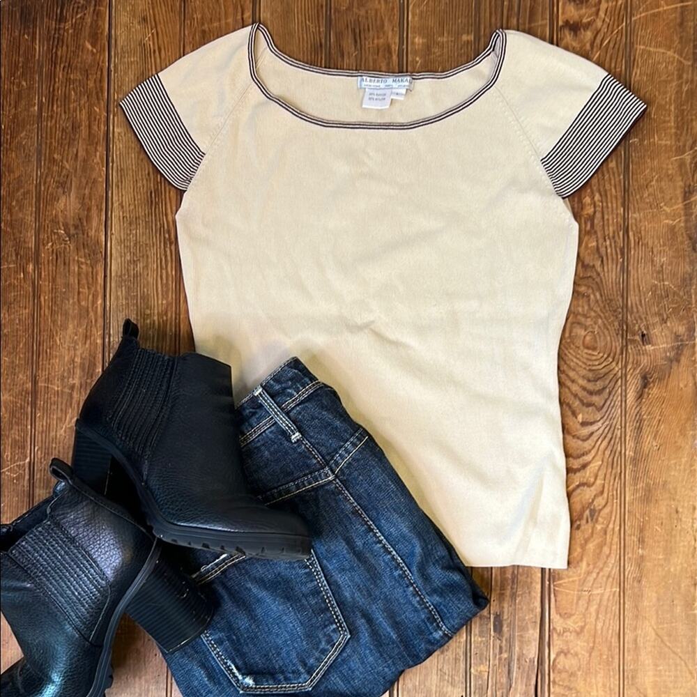 Woman’s vintage 90s top Alberto Makali tan short sleeve Fitted knit size large